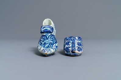 Two Dutch Delft blue and white models of slippers, one dated 1708, 18th C.