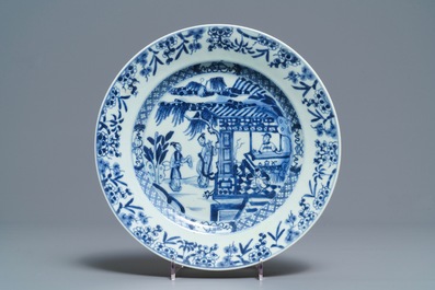 Four Chinese blue and white 'Romance of the Western Chamber' plates, Yongzheng