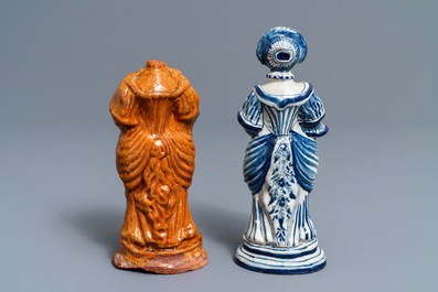A Frisian Delftware blue and white model of a lady and an earthenware fragment, Harlingen, ca. 1775