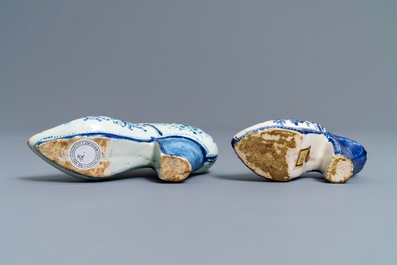 Two Dutch Delft blue and white models of slippers, one dated 1708, 18th C.