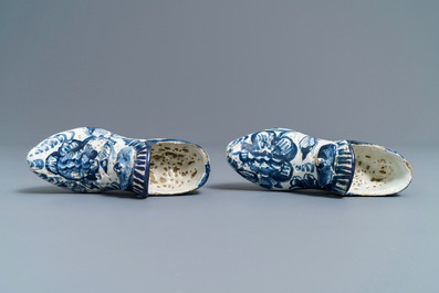 A pair of Dutch Delft blue and white models of shoes, Friesland, Bolsward, 2nd half 18th C.