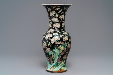 Two tall Chinese famille noire yenyen vases, Chenghua and Kangxi mark, 19/20th C.