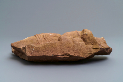 Een rood zandstenen fragment van een Yakshi, India, 14e eeuw of later