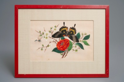Tien Chinese ingelijste schilderingen op rijstpapier met vnl. vogels en vlinders, Canton, 19e eeuw