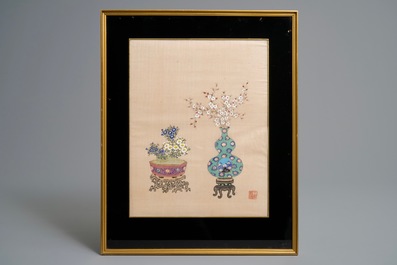 Three Chinese silk paintings: &lsquo;Antiquities with flowers&rsquo;, 19th C.