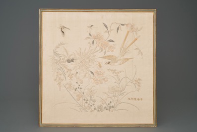 Three Chinese square embroidered silk panels, 19th C.