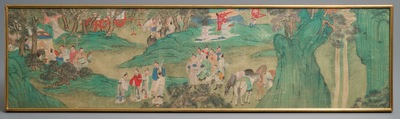 Drie Chinese schilderingen op textiel: 'Riviersc&egrave;nes', 18/19e eeuw