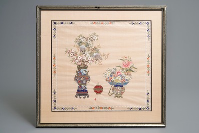 Three Chinese silk paintings: &lsquo;Antiquities with flowers&rsquo;, 19th C.