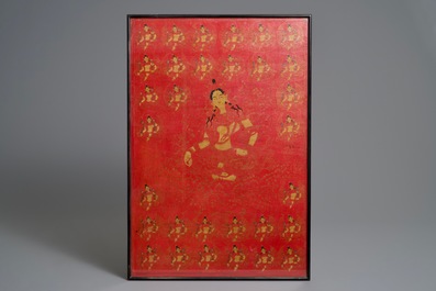 Un thangka &agrave; d&eacute;cor de Tara Verte sur fond rouge, Tibet, 17/18&egrave;me