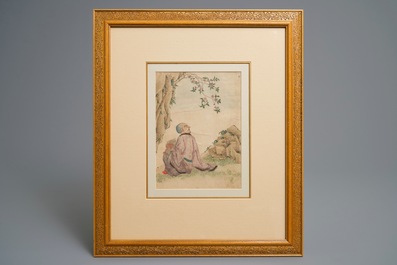 Drie Chinese schilderingen op textiel en een paar ranglappen met kraanvogels, 19e eeuw