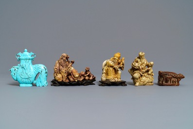 Five Chinese soapstone and turquoise carvings, 19/20th C.