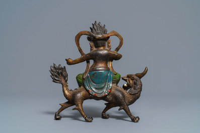 A Tibetan silver-inlaid bronze mask, a figure of Mahakala and a jade bowl on stand, Tibet, 19/20th C.