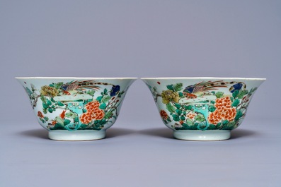 A pair of Chinese famille verte 'peacock among blossoms' bowls, Kangxi