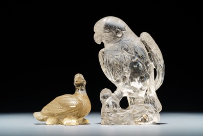 Two Chinese rock crystal models of an eagle and a duck, 19/20th C.