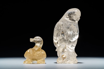 Two Chinese rock crystal models of an eagle and a duck, 19/20th C.
