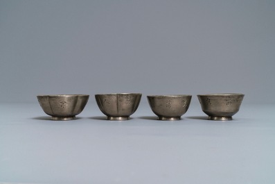 Two pairs of inscribed Chinese jade and pewter-mounted Yixing stoneware cups, 19/20th C.