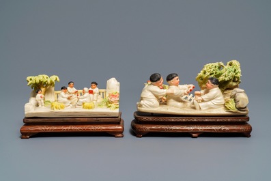 Three polychrome Chinese ivory groups with children, ca. 1940