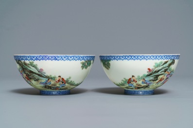 A pair of Chinese famille rose eggshell bowls, Qianlong mark, 20th C.