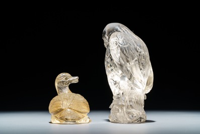 Two Chinese rock crystal models of an eagle and a duck, 19/20th C.