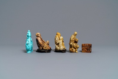 Cinq pi&egrave;ces en pierre &agrave; savon et turquoise sculpt&eacute;e, Chine, 19/20&egrave;me