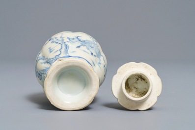 A Chinese blue and white tea caddy and a pair of cups and saucers, Ca Mau wreck, Yongzheng