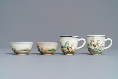 Quatre tasses et soucoupes en porcelaine de Chine famille rose &agrave; sujet europ&eacute;en, Qianlong