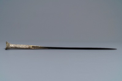 An Ottoman silver-mounted Damascus steel 'yatagan' sword in its leather sheath, Turkey, 19th C.