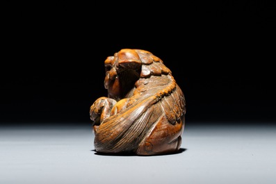 Een Japanse houten netsuke van een shishi met kleintje, Edo, 18/19e eeuw