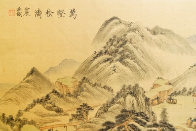 Quatre peintures encadr&eacute;es de paysages montagnards, encre et couleurs sur soie, Chine, 20&egrave;me