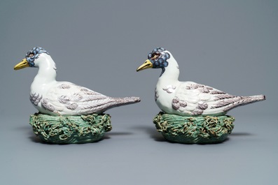 A pair of polychrome Dutch Delft duck-shaped tureens, 18th C.