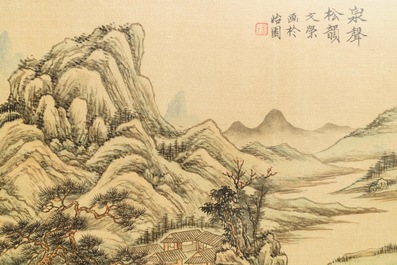 Vier ingelijste Chinese schilderijen op papier met berglandschappen, inkt en kleur op zijde, 20e eeuw