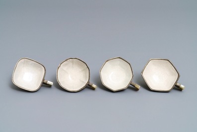 Four inscribed Chinese jade and pewter-mounted Yixing stoneware cups, 19/20th C.