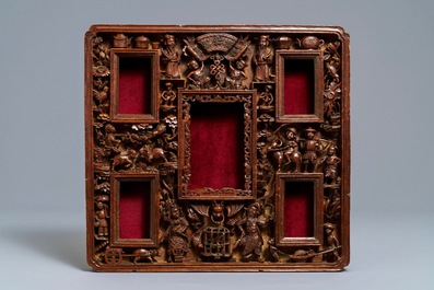 Two Chinese carved wood frames with dragons and figures, ca. 1900