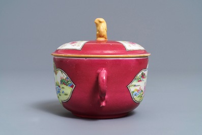 A Chinese famille rose ruby-ground two-handled bowl and cover, Yongzheng