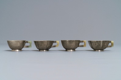 Four inscribed Chinese jade and pewter-mounted Yixing stoneware cups, 19/20th C.