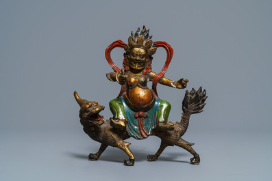 A Tibetan silver-inlaid bronze mask, a figure of Mahakala and a jade bowl on stand, Tibet, 19/20th C.
