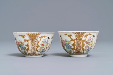 A pair of fine Chinese famille rose cups and saucers, Yongzheng