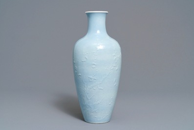 A Chinese monochrome lavender-blue vase with underglaze design, Yongzheng mark, 19th C.