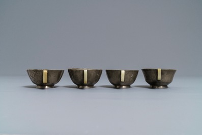 Two pairs of inscribed Chinese jade and pewter-mounted Yixing stoneware cups, 19/20th C.