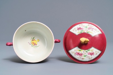 A Chinese famille rose ruby-ground two-handled bowl and cover, Yongzheng