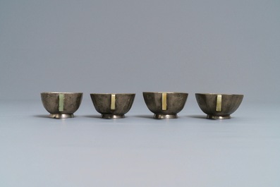 Four inscribed Chinese jade and pewter-mounted Yixing stoneware cups, 19/20th C.