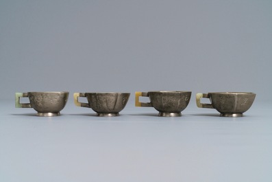 Four inscribed Chinese jade and pewter-mounted Yixing stoneware cups, 19/20th C.