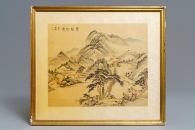 Four various framed Chinese mountainous landscape paintings, ink and color on silk, 20th C.