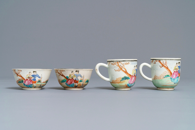 Four fine Chinese famille rose 'European subject' cups and saucers, Qianlong