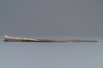 An Ottoman silver-mounted Damascus steel 'yatagan' sword in its leather sheath, Turkey, 19th C.