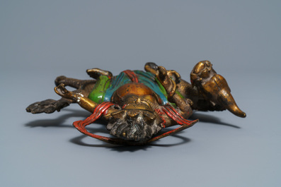 A Tibetan silver-inlaid bronze mask, a figure of Mahakala and a jade bowl on stand, Tibet, 19/20th C.