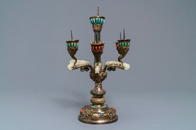 A coral and turquoise-inlaid silver and jade candlestick, China or Tibet, 18/19th C.