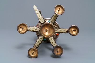 A coral and turquoise-inlaid silver and jade candlestick, China or Tibet, 18/19th C.