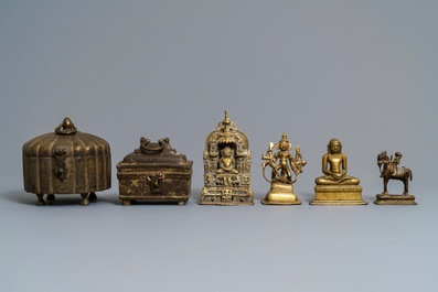 Four Indian Gujarat bronze votive figures and two covered boxes, 16th C. and later