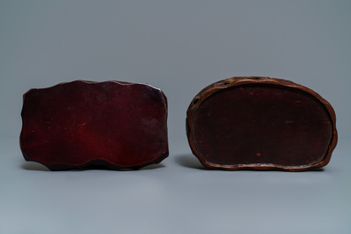 Two Chinese carved bamboo brush pots and five wooden stands, 19/20th C.